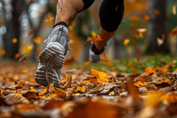 A close-up of a runner foot with unusual shoes amidst falling autumn leaves