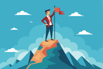 Courageous Business Pioneer Conquering New Market Opportunities, Holding Victory Flag on Mountain Peak Summit