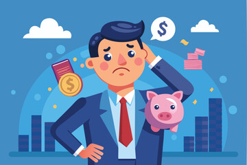 Businessman with Piggy Bank Concerned about Income Tax Bills and Debt