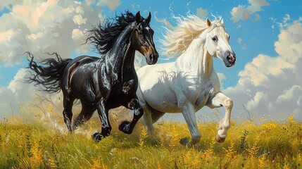 Two horses, one black and one white, run side by side in a field.