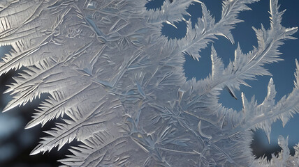 A detailed image of frost crystals forming on a window pane, creating unique patterns