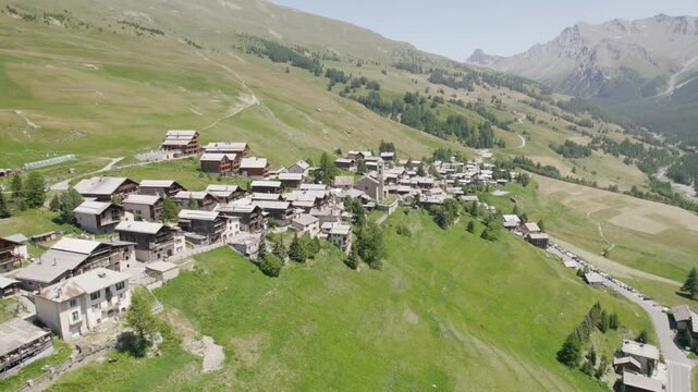 Scenic Mountain Village Of Saint-V&eacute;ran In French Alps During Summer In Hautes-Alpes, France. aerial forward panning