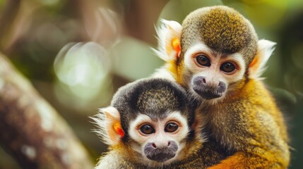 Obraz premium Two Adorable Squirrel Monkeys Huddled Together