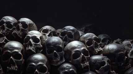 A pile of human skulls stacked together against a dark background.