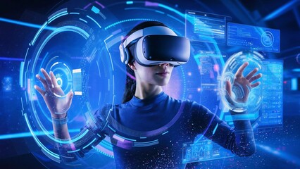 A woman wearing a virtual reality headset with her hands outstretched.

