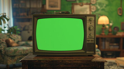 A green screen television sits on a table in a living room