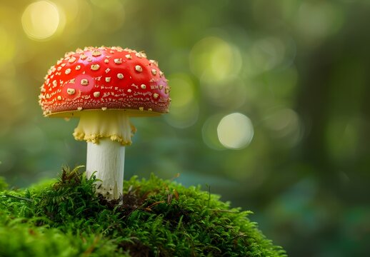 Red and White Mushroom on Moss in Forest