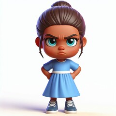 Angry Little Girl in Blue Dress cartoon 3d Generative AI
