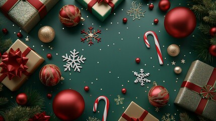 An array of festive holiday gifts and decorations, meticulously arranged on a dark green background, radiates the joyous spirit of Christmas.