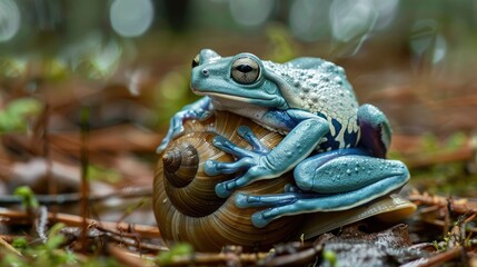 Blue and White Frog Sitting on a Snail Shell