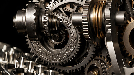 A close-up of interlocking metal gears with intricate details and textures with copy space
