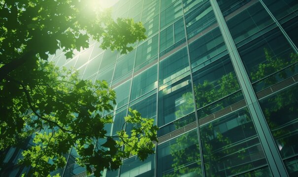 Glass building and green office in a modern city. Green, ecological and sustainable building. Carbon reduction and integration with nature