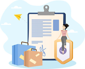 Obraz premium Young woman sitting on clock shield protecting travel contract with suitcases and paper plane