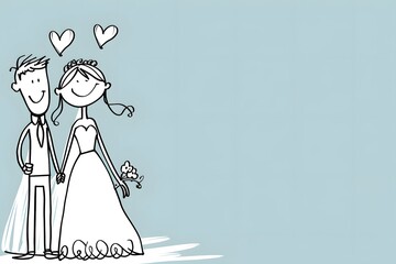 Simple, whimsical drawing of a happy bride and groom holding hands with hearts above their heads.