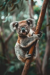 Fototapeta premium Koala Gripping a Tree Branch in a Lush Forest