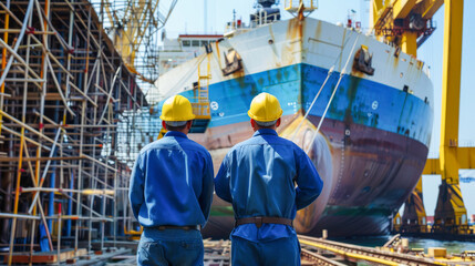 Shipyard workers in front of a big ship