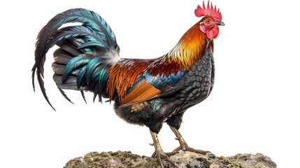 Fototapeta premium A Rooster with Striking Feathers Standing on a Rock