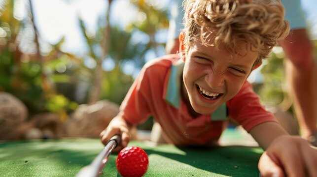 A child intently focuses on a red golf ball while playing mini golf, capturing the concentration and enjoyment of this playful and challenging outdoor activity.