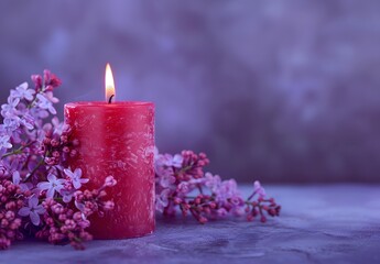 Burning Red Candle with Lilac Flowers