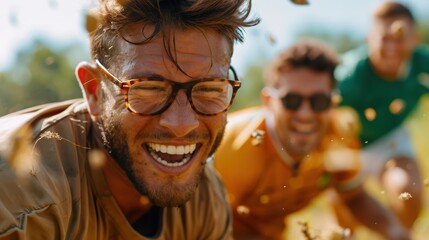 Fototapeta premium A man with glasses smiling and laughing during an outdoor game, capturing the exuberance and joy of friendly competition and a vibrant, sunny atmosphere.