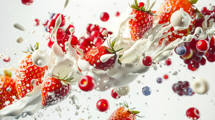 Milk splash with strawberries, cherries and blueberries on a white background. Summer wild berries are mixed with natural yogurt in the air. A healthy breakfast