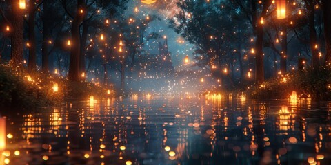 Enchanted Forest Path Illuminated by Floating Lanterns