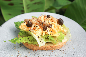 bread with egg ,lettuce and mushroom topping