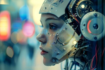 Fototapeta premium A young woman with a cyborg body looks out a window in a futuristic city