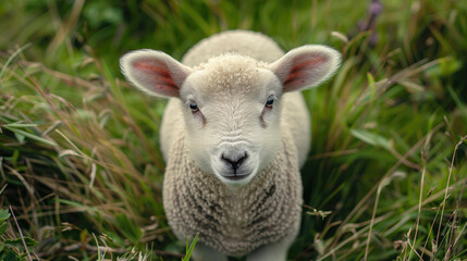 Obraz premium A cute white lamb stands in a green field and looks at the camera.