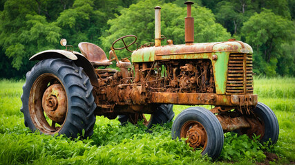 Obraz premium An old rusty tractor on a green field