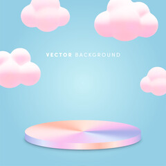 3d vector holographic product podium background. 3d render scene template with round shiny metallic stage and minimal cartoon pink clouds on blue background. Empty pedestal for product presentation.