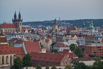 Aerial cityscape evening view of Prague, capital city of Czech Republic, view from Letna park