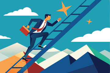 Determined Businessman Climbing Challenging Ladder to Achieve Success