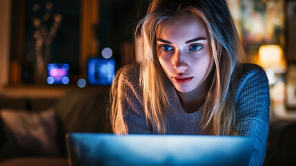 A blonde young woman in front of laptop at night