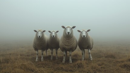 Four serene sheep pose in a mysterious, fog-laden landscape, their calm gaze piercing through the misty veil.
