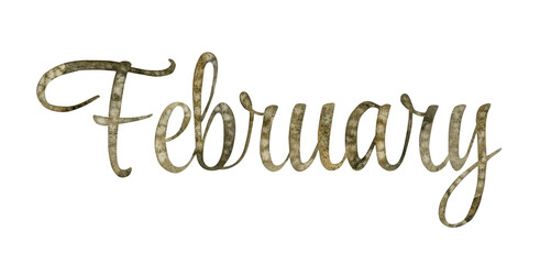Watercolor hand drawn lettering isolated background. Handwritten message. Painted Months winter FEBRUARY text. Letters. Calendar, print, cards, banner, poster, glider, invitation, sticker