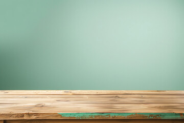 Empty light brown wood table top on pastel green background for product display montage, space photography