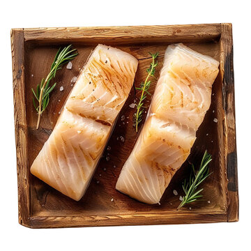 Top view of a delicious looking raw haddock fillet arranged food photography style on a wooden tray isolated on a white transparent background