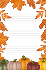 Autumn paper blank lines template with fall season leaves and pumpkin