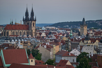 Fototapeta premium Aerial cityscape evening view of Prague, capital city of Czech Republic, view from Letna park
