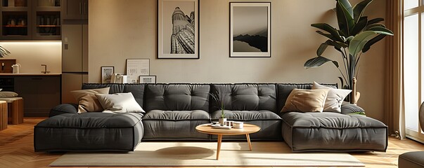 Sleek beige living room with a contemporary charcoal gray sofa, minimalist coffee table, and soft light beige accents, highlighted by a tall leafy plant in the corner