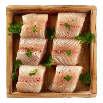 Top view of a delicious looking raw monkfish fillet arranged food photography style on a wooden tray isolated on a white transparent background