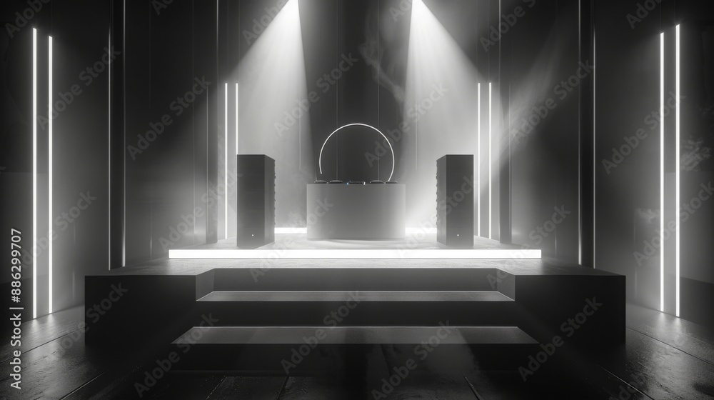 Aufkleber a dimly lit stage with neon lights, fog, and a circular platform. two speaker boxes are placed on ei