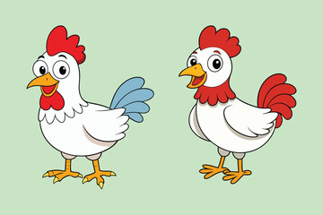 Set of funny cartoon red and orange chicken, hen in various poses, vector illustration