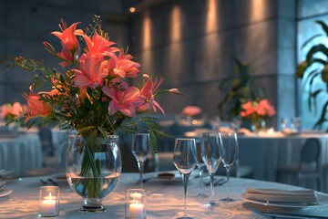 Elegant table setting with pink lilies in a dimly-lit restaurant, perfect for a romantic dinner.