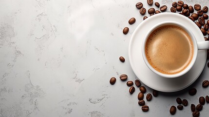 Top view cup of coffee and coffee beans on white background, copyspace