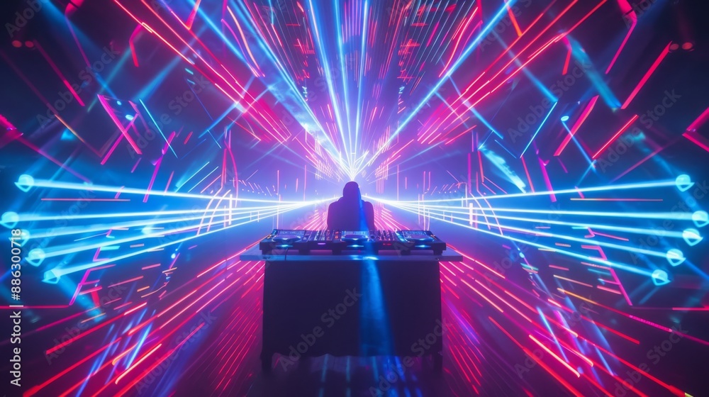 Poster A DJ performs in front of a dynamic laser light show, creating a vibrant atmosphere.