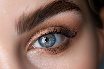 Obraz premium Close-up of a womans eye with vibrant blue iris and long, fluttering lashes, Create an image of brows plug that emits a soft glow