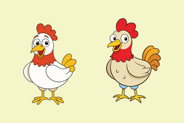 Set of funny cartoon red and orange chicken, hen in various poses, vector illustration