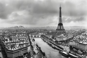 Obraz premium Panoramic Black and White Photograph of Paris in the Early 20th Century Featuring the Eiffel Tower and Seine River